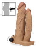 Vibrating triple stimulation double-dildo penis sleeve